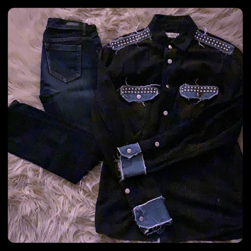 Plaid and denim long sleeve top size small